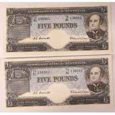 AUSTRALIA 1954 . FIVE 5 POUNDS BANKNOTES . CONSECUTIVE PAIR . COOMBS / WILSON